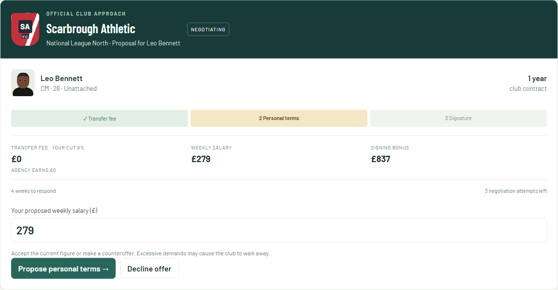 Actual club offer with salary negotiation, commission and remaining attempts