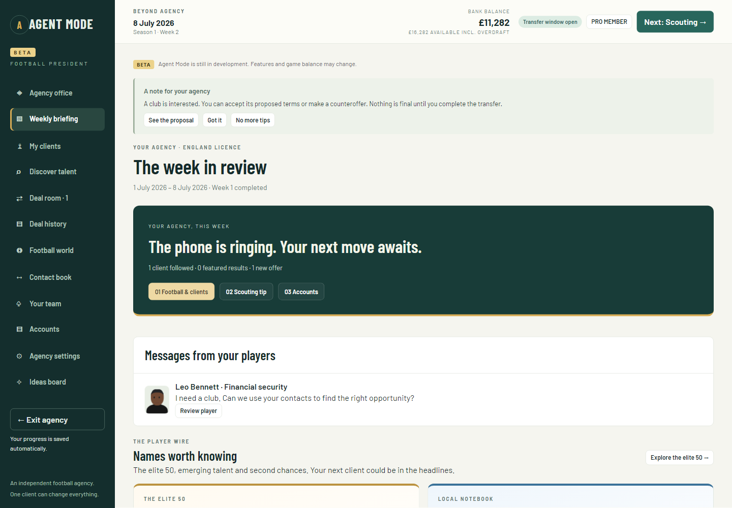 Actual Agent Mode weekly briefing showing client messages and player news