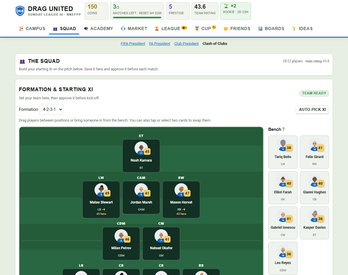The squad page with player faces and a formation pitch