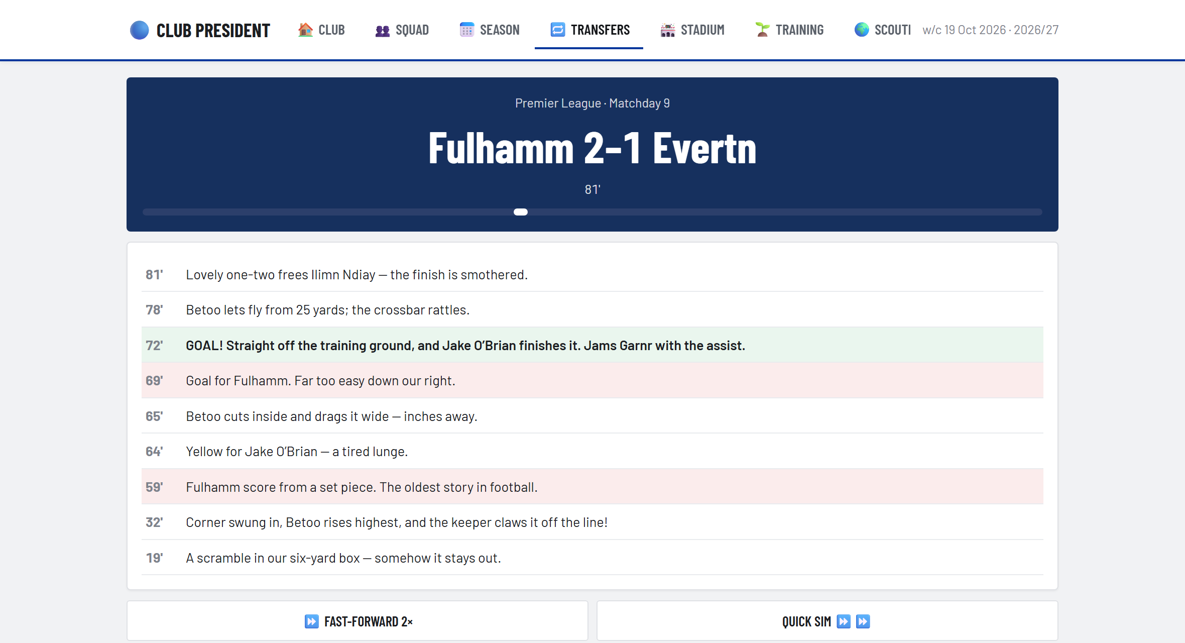 The live match ticker: a goal, a crossbar, a booking — the feed colour-coded as the game swings.
