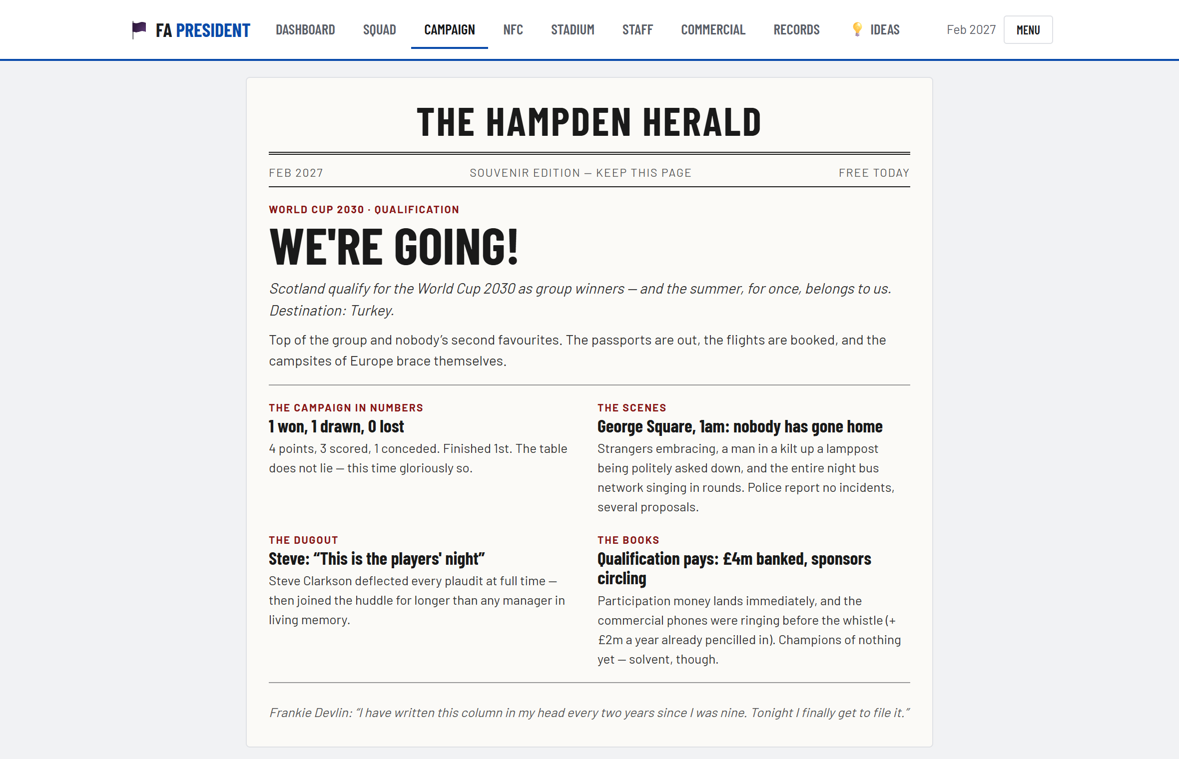 The Hampden Herald souvenir edition on the night Scotland qualify.