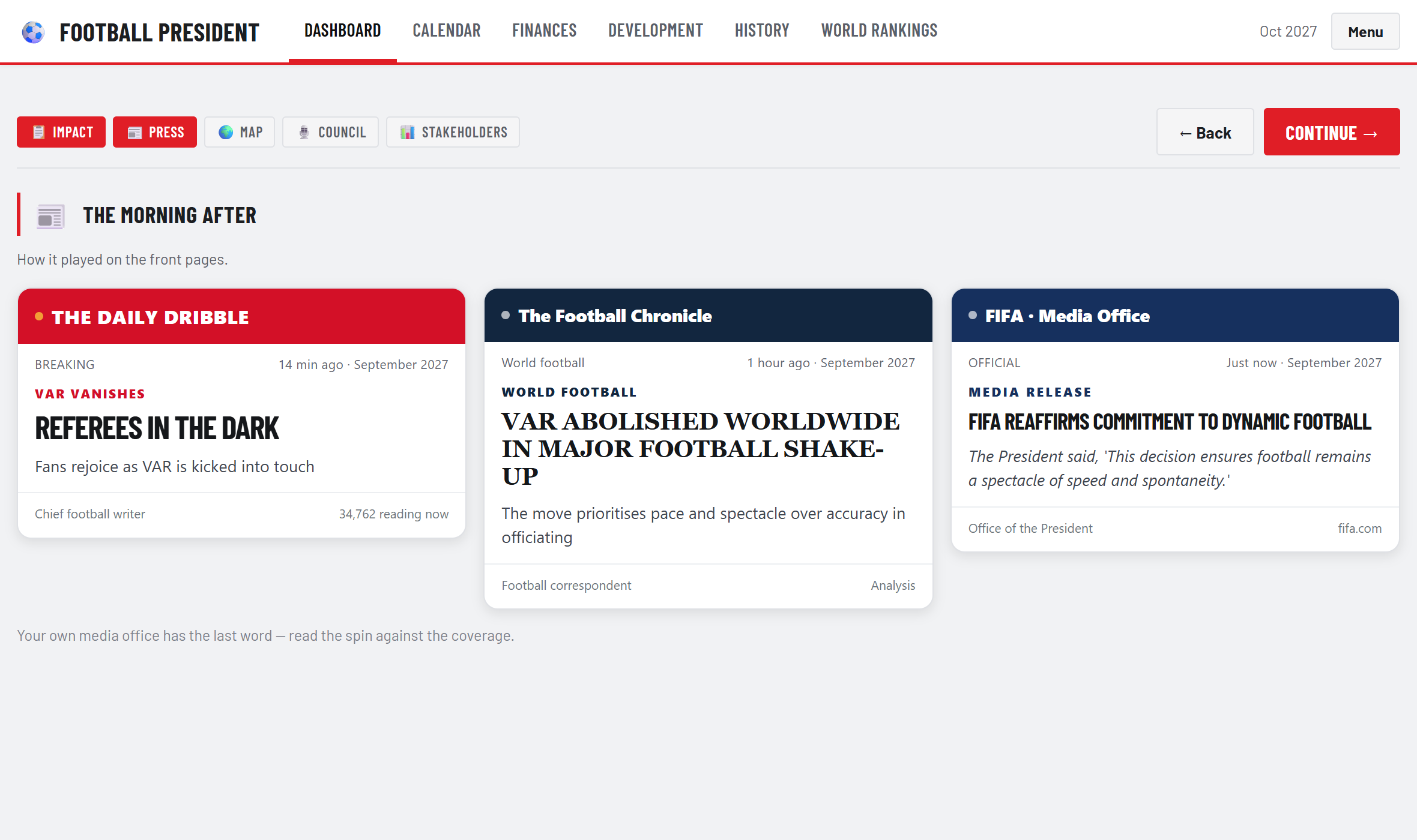 Three front pages react to abolishing VAR — tabloid, broadsheet and the official FIFA media release.